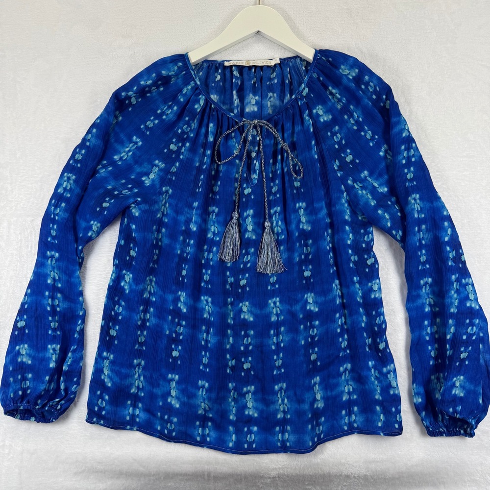 Marie Oliver Silk Tie Dye Print Boho Blouse Top Tassels Size S